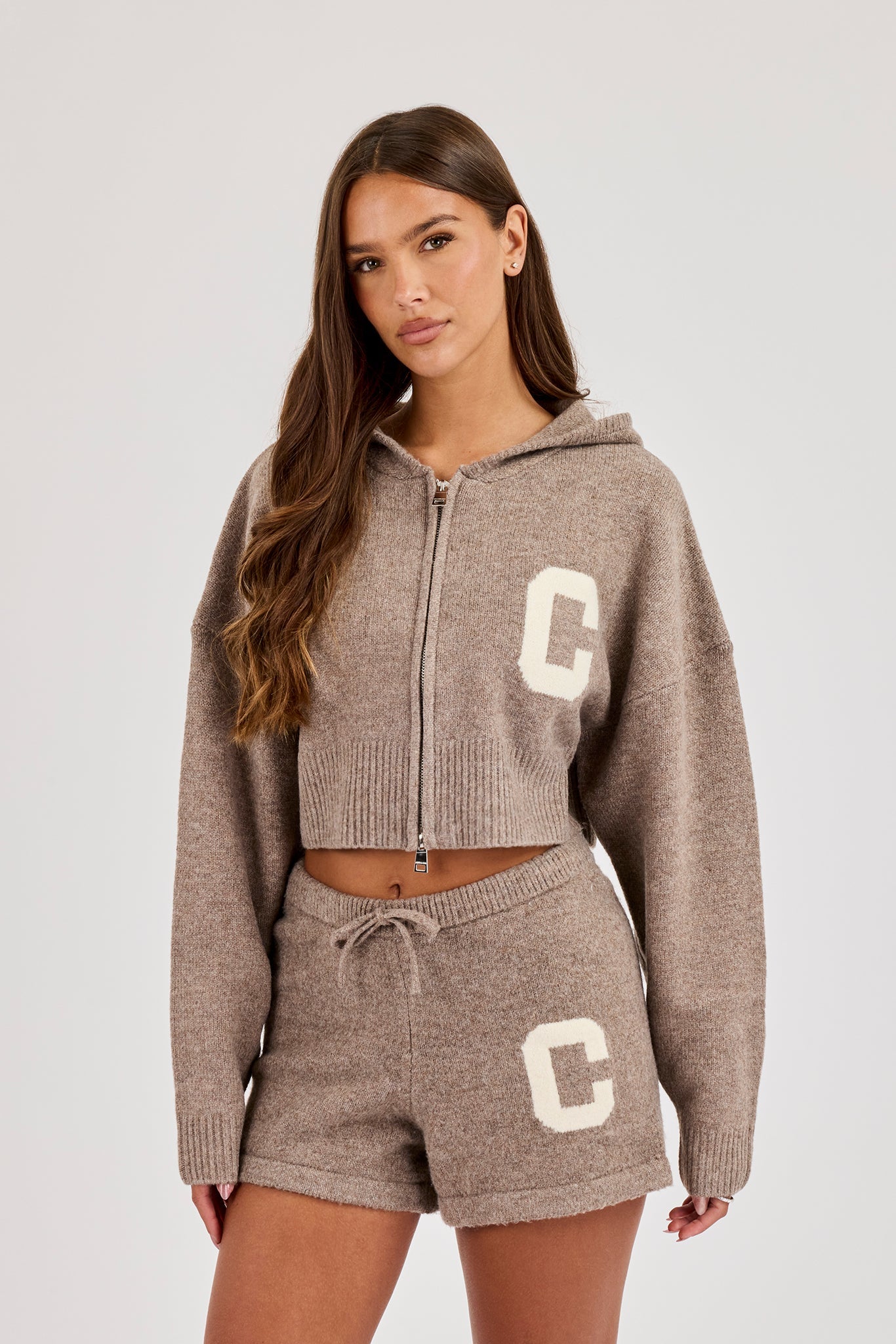 C Intarsia Cropped Zip Through Hoodie & Knitted C Short - Taupe